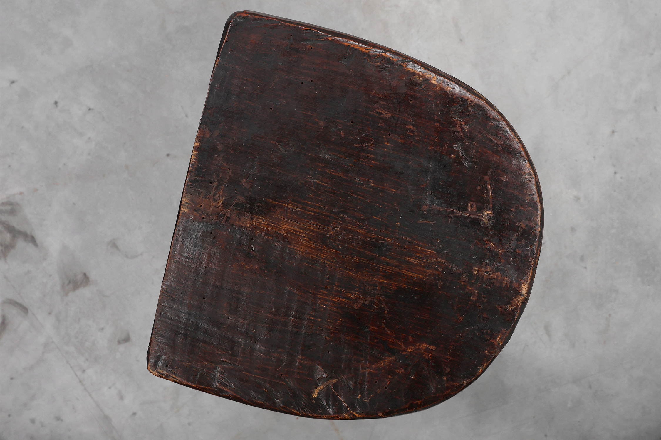 French wabi sabi style low tripod stool in solid wood, 1850sthumbnail
